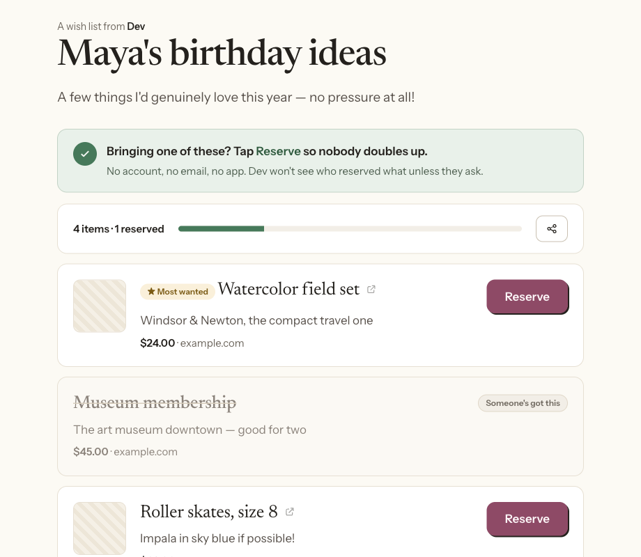 A real Listwish list: four items with prices, one already reserved by a guest